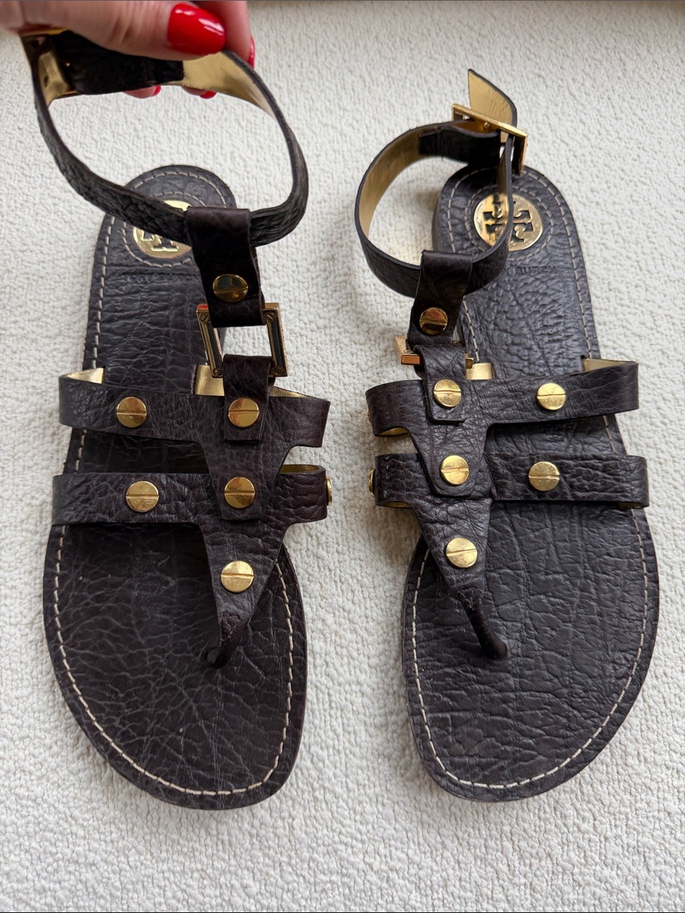 Tory Burch Dark Brown Gladiator Leather Sandals with Gold Studs